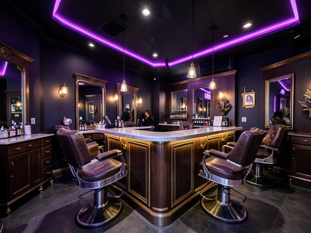 Recepção de barbearia com iluminação violeta